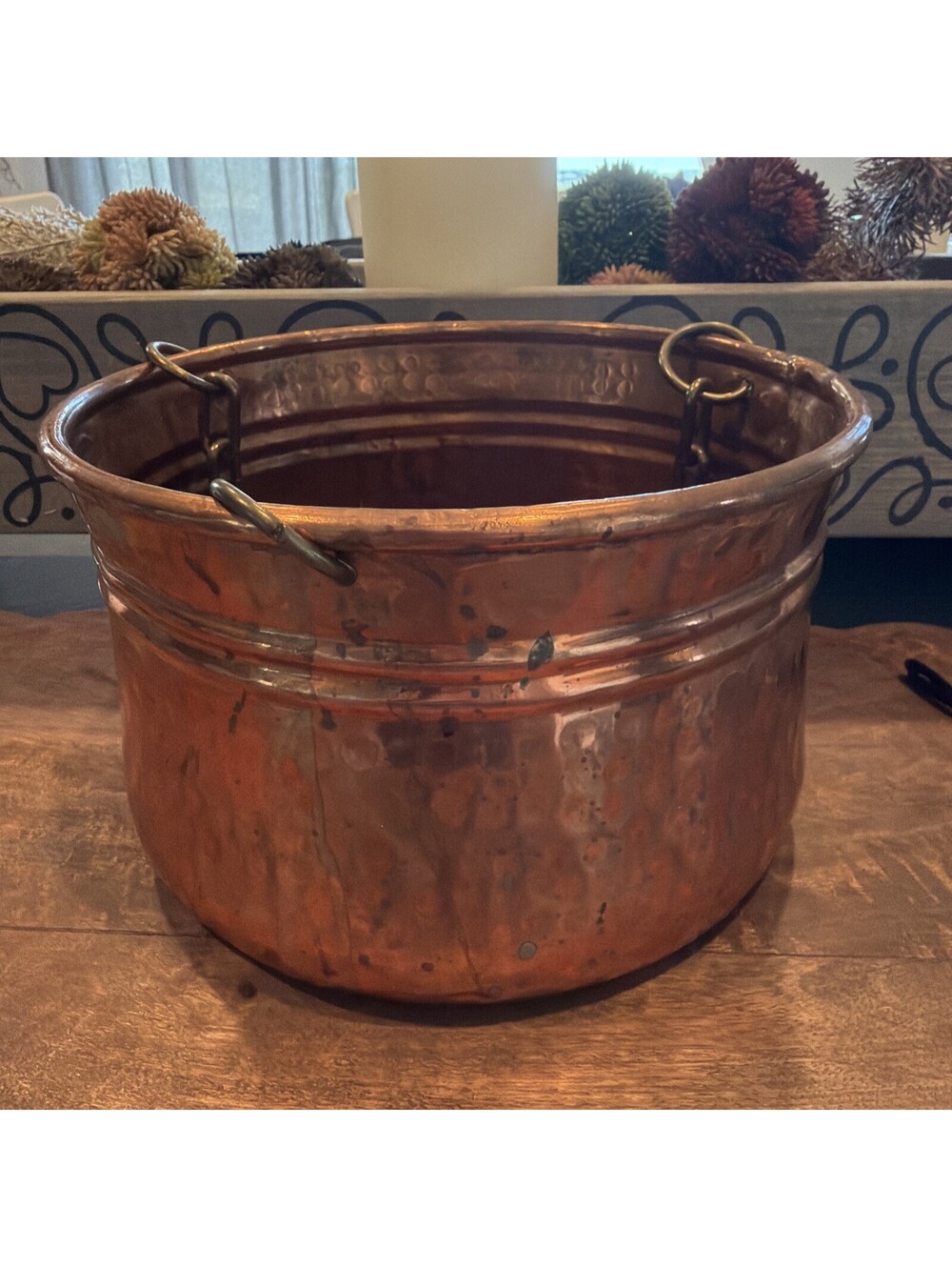 Vintage Hammered Copper Pot With brass Hangers For Plants